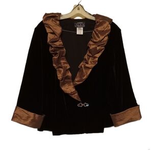 Alex Evenings Blazer Women 2X Black Velvet Bronze Satin Collar Broach & Buttons